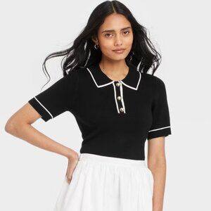 N New Day SZ L Black Viscose Polo Sweater Old Money Quiet Luxury Academia Staple